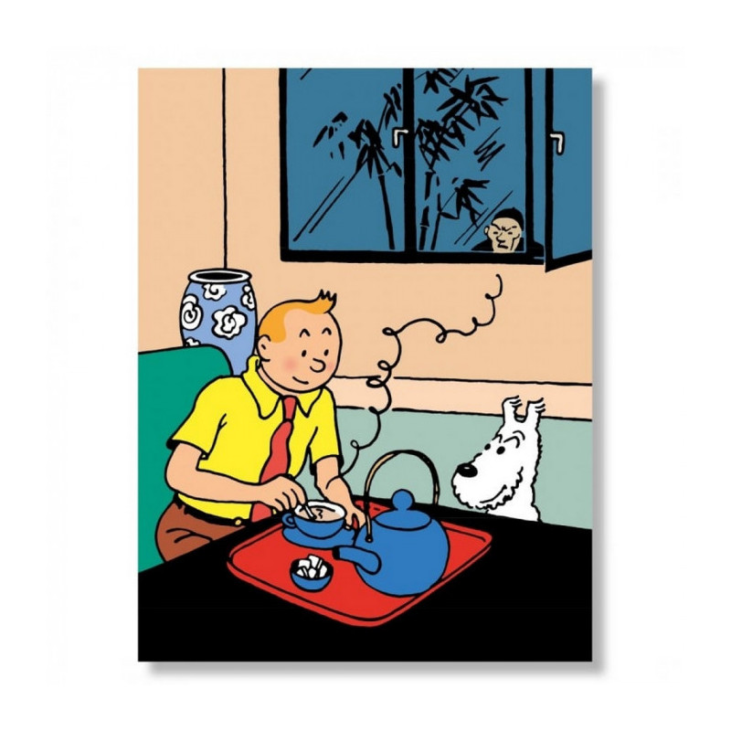 POSTER TINTIN EN TRAIN DE PRENDRE SON THE LOTUS BLEU 80 X 60 CM