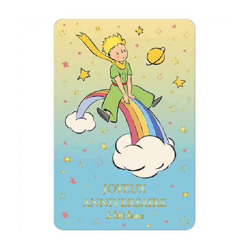 LE PETIT PRINCE SUR UN ARC EN CIEL CARTE ANNIVERSAIRE 10X15CM
