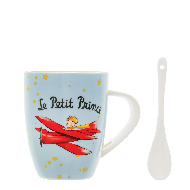 MUG ET CUILLIERE EN PORCELAINE LE PETIT PRINCE EN AVION