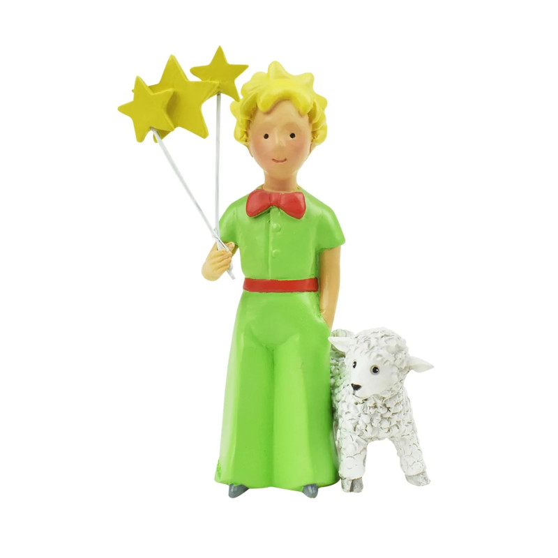 LE PETIT PRINCE AVEC UN BOUQUET D ETOILES ET SON MOUTON FIGURINE 8CM
