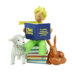 LE PETIT PRINCE SUR UNE PILE DE LIVRE AVEC LE MOUTON ET LE RENARD FIGURINE 8CM