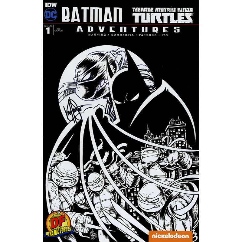 DF BATMAN/TEENAGE MUTANT NINJA TURTLES ADVENTURES 1 DF EXCLUSIVE BW VARIANT SIGNED AND REMARKED BY KEN HAESER WITH A TMNT HEAD S