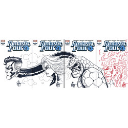 DF FANTASTIC FOUR 1 FOUR PIECE BLANK VARIANT SET SIGNED AND REMARKED BY KEN HAESER WITH CONNECTING TEAM SKETCHES