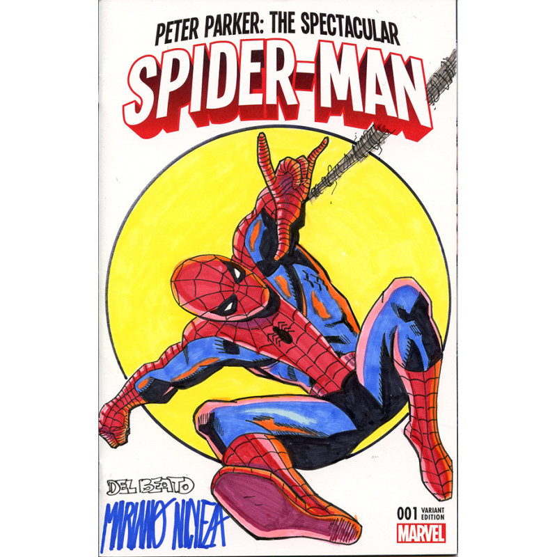 DF MARVEL COMICS COMMISSIONED COVER ART SIGNED AND REMARKED BY MARIANO NICIEZA AND JOE DELBEATO WITH A SPIDER-MAN SKETCH