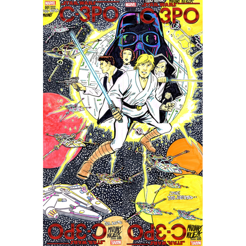 DF MARVEL COMICS COMMISSIONED COVER ART FOUR PIECE BLANK VARIANT CONNECTING SET SIGNED AND REMARKED BY MARIANO NICIEZA AND JOE D