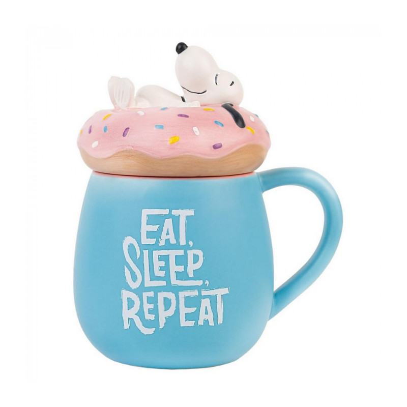 PEANUTS MUG AVEC FIGURINE SNOOPY SUR UN DONUTS EAT SLEEP REPEAT
