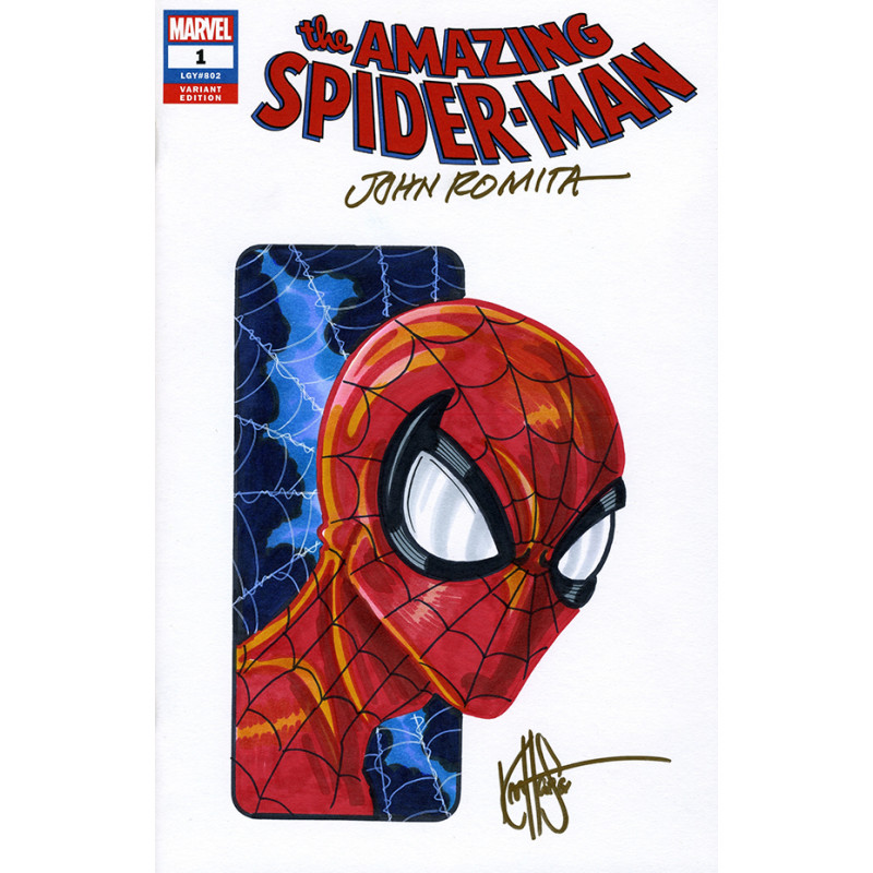 DF AMAZING SPIDERMAN 1 BLANK VARIANT SIGNED BY JOHN ROMITA SR AND REMARKED BY KEN HAESER WITH A SPIDERMAN SKETCH Allocations may
